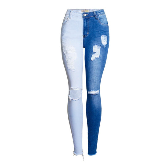 Big Size Double Color Patchwork Ripped Knees Jeans Women`s Stretchy Distressed Denim Pants Trousers Jeans For Women - KAISERINC