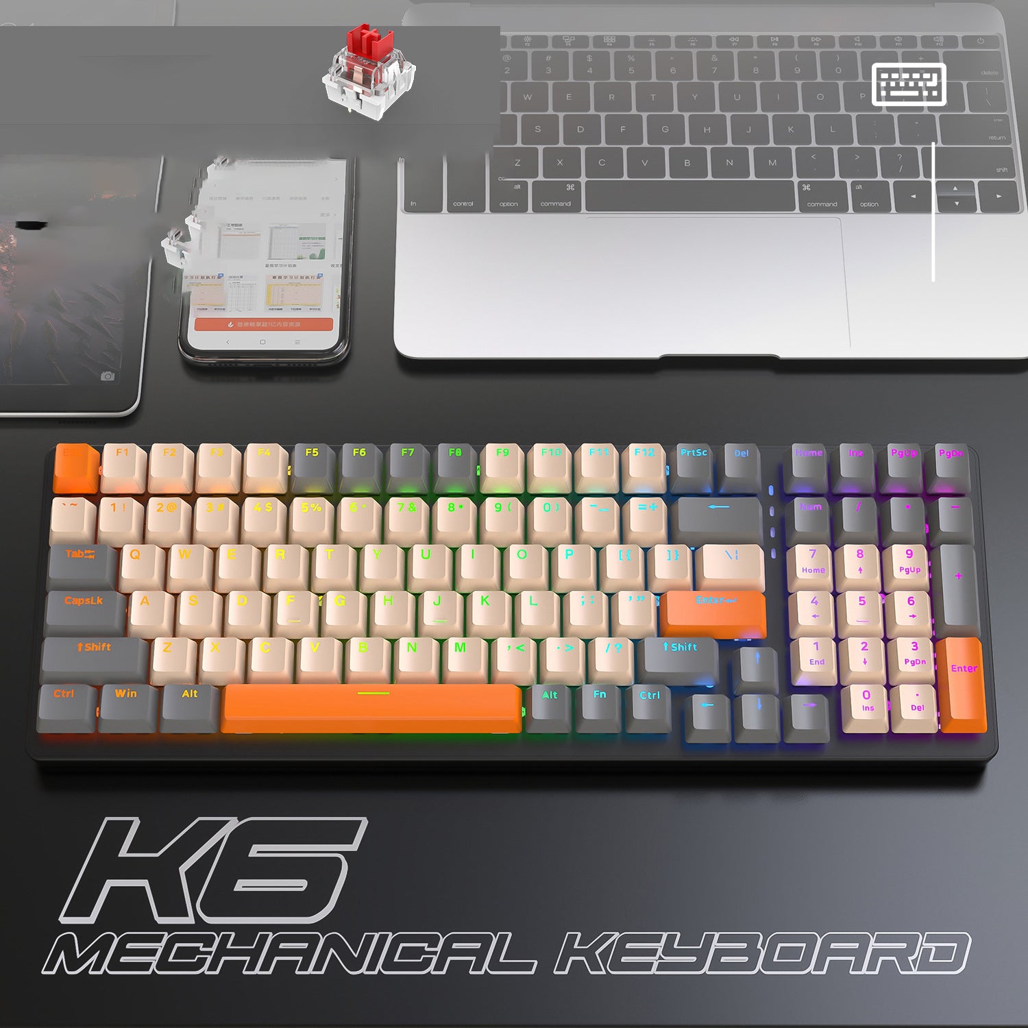 K6 Mechanical Keyboard Wireless 5.0 BT 2.4 Ghz Wired Three Modes Backlit Bluetooth Gamer Keyboard 100 Keys Keycaps Pc Gamer - KAISERINC
