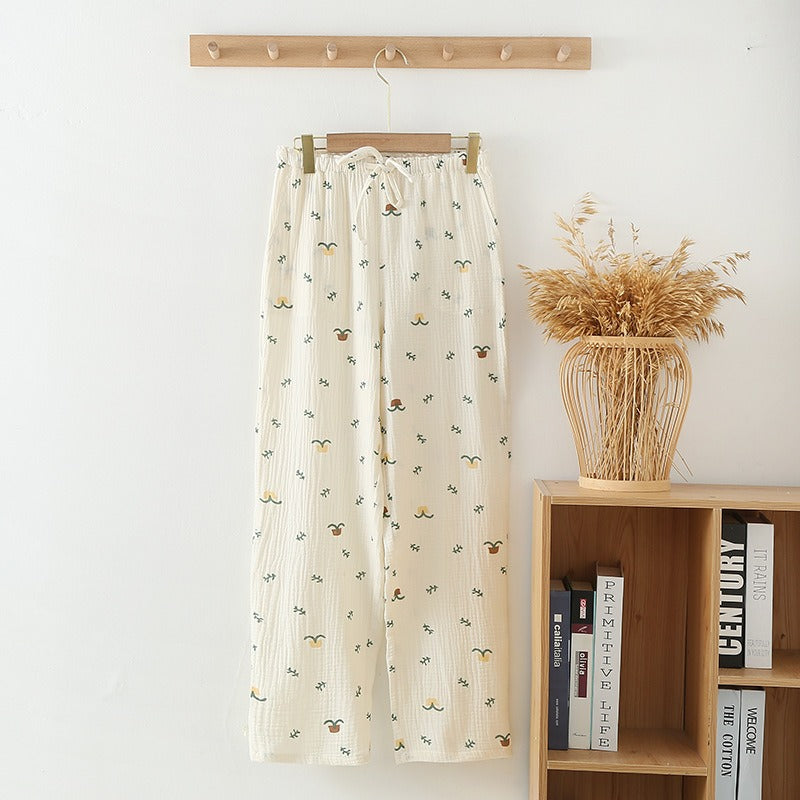 Women's Pajama Pants Summer Thin Trousers Casual Loose Home Sleep Bottoms Cotton Gauze Lounge Wear Elastic Waist Sleepwear - KAISERINC