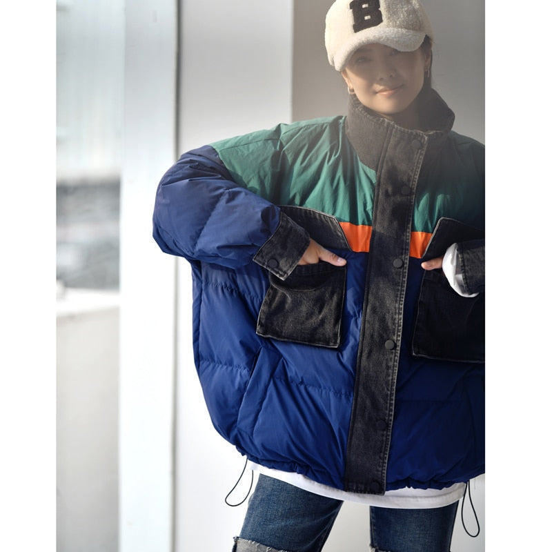 Korean Casual Neutral Stitching Color Cowboy stitching  loose  Standing Collar White Duck Down Jacket