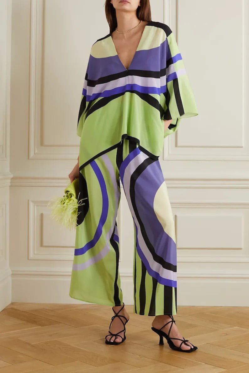 Color Printing Two Piece Sets For Women V Neck Batwing Sleeve Tops High Waist Pant Loose Casual Set Female New - KAISERINC