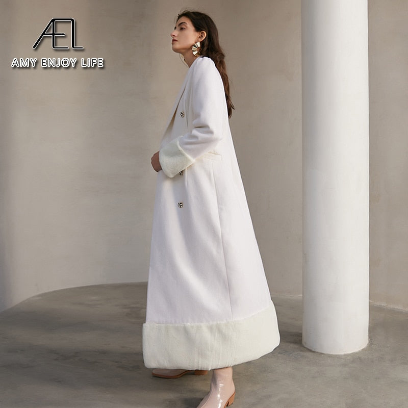 AEL Woolen Coat women Winter Lapel Collar Double-Breasted Warm Overcoat Snow White Slim Long Blazer - KAISERINC