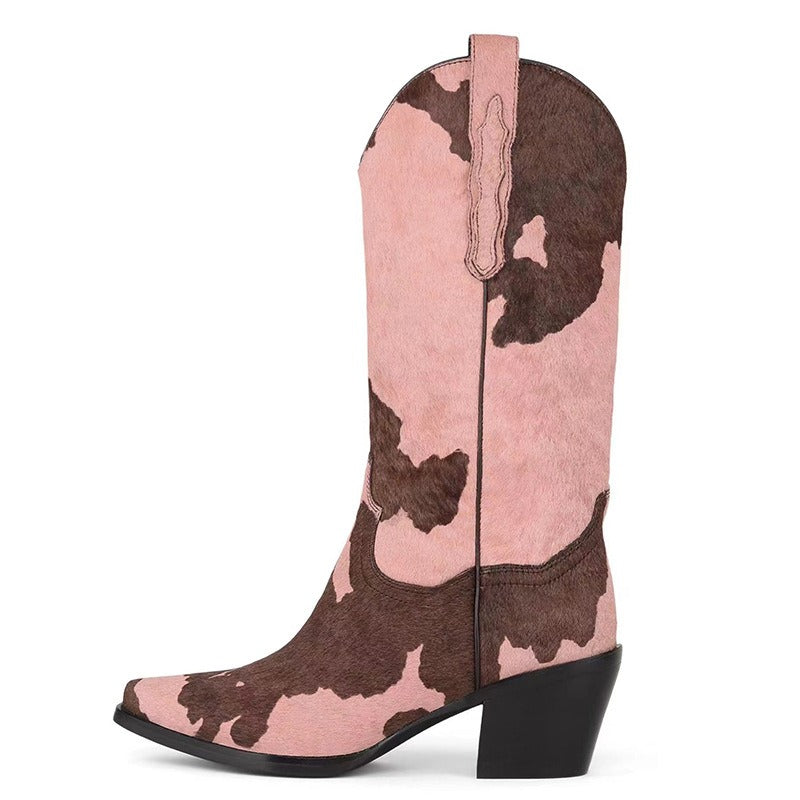 Knee-Length Elastic Rider Boots Round Heel Square Toe Western Boots Plus Size Knee-High Women's Boots - KAISERINC