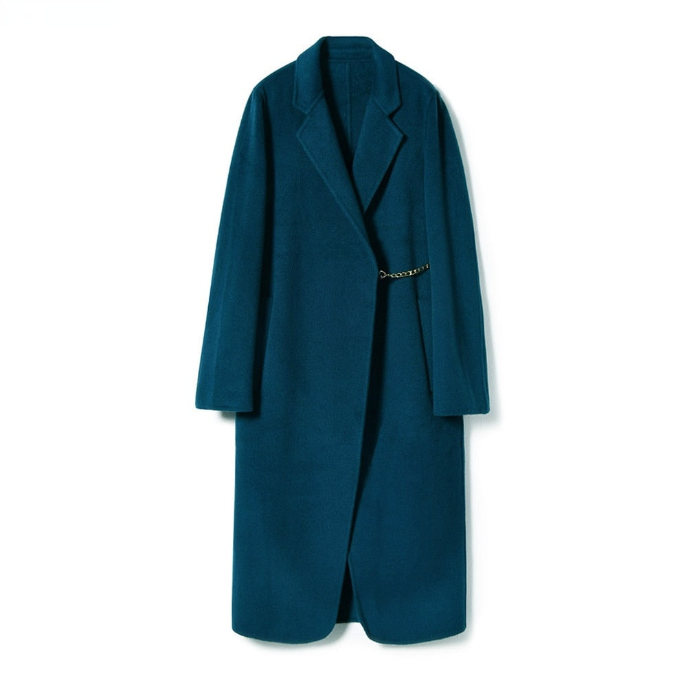 Autumn And Winter Straight Lapel Simple Belt Chain Long Reversible Wool Coat Wool Coat - KAISERINC