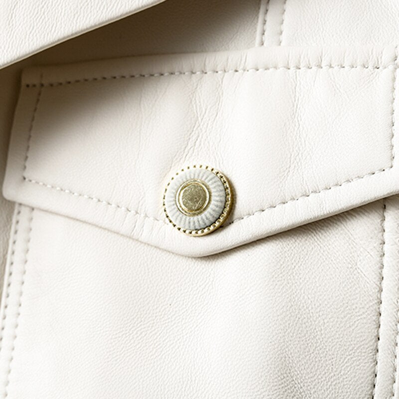 Jacket For Women New European Genuine Leather Coat Female Zipper Large Lapel Short Oversize Locotive Whtie - KAISERINC