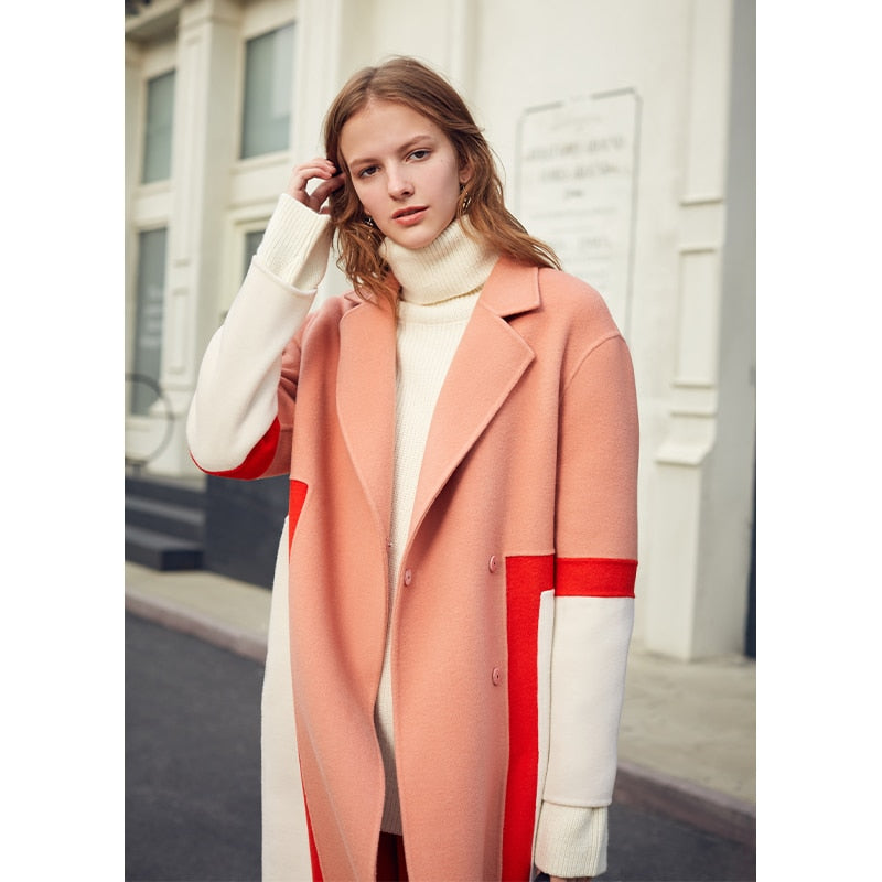 Show High Stitching Collision Color Niche Design Sense Double-Sided Wool Long Coat Female Winter - KAISERINC
