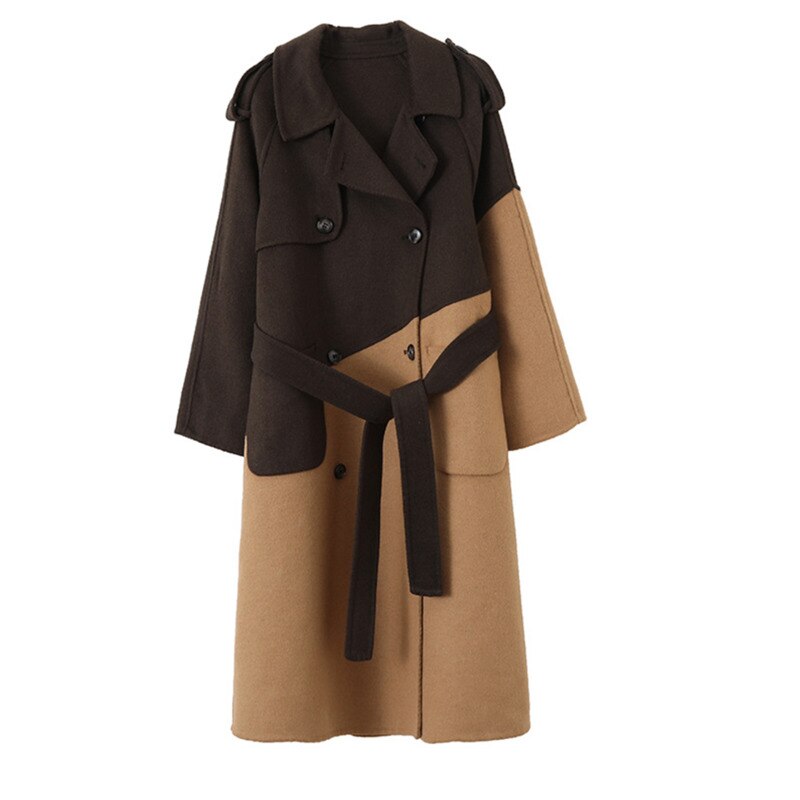 Loose Fit Khaki Color-block Big Size Woolen Coat Parkas New Long Sleeve Women Fashion Trend Autumn Winter - KAISERINC