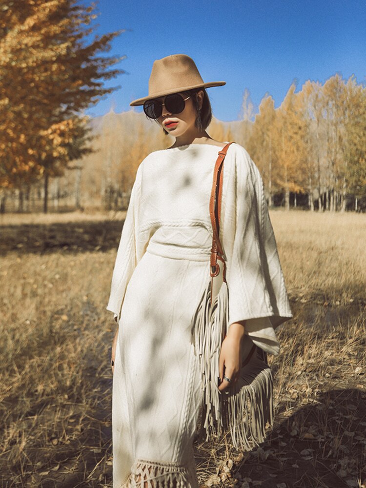 Vintage Versatile Tassel Knitted Dress Women's Spring and Autumn New Style Sweater Long Dress - KAISERINC