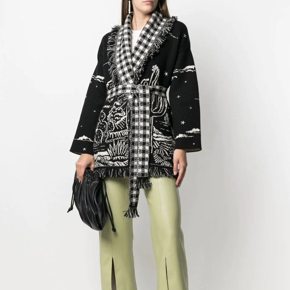 Cardigan Sweater Women Wool Kniited Tassel Doodle Jacquard Loose Full Sleeve High Quality Cashmere Winter Jacket - KAISERINC