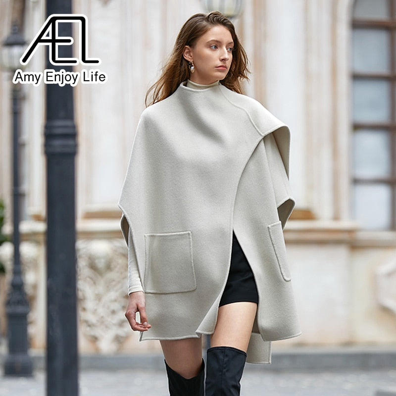 Casual Irregular Loose Women Woolen Coats Autumn Winter Cloak Female Blend Coat Streetwear - KAISERINC
