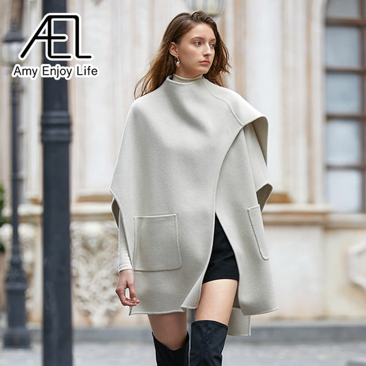 Casual Irregular Loose Women Woolen Coats Autumn Winter Cloak Female Blend Coat Streetwear - KAISERINC
