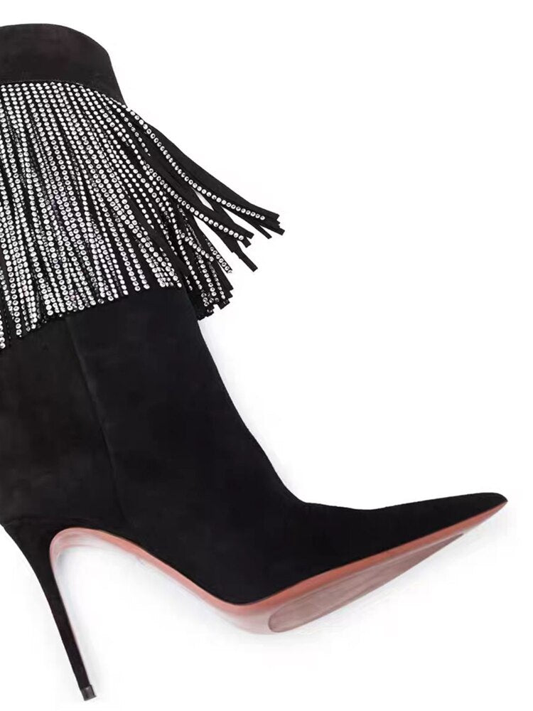 Autumn New Women's Pointed Toe Rhinestone Boots Silver Tassel Stiletto Suede Boots Black Super High Heels 34-43 Size - KAISERINC