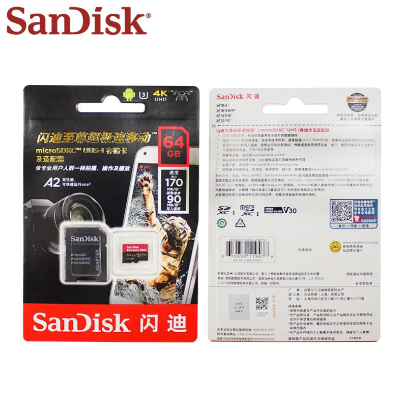 Original Sandisk Extreme Pro Micro SD Card up to 170MB/s A2 V30 U3 64GB 128GB Sandisk TF Card Memory Card With SD Adapter - KAISERINC