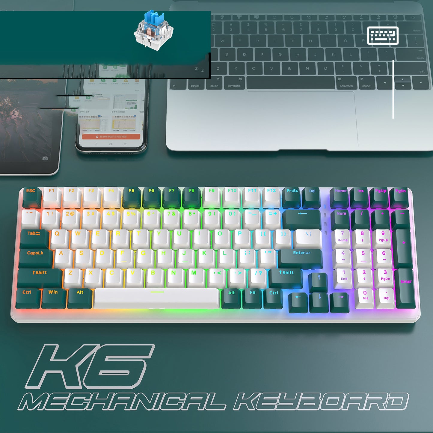 K6 Mechanical Keyboard Wireless 5.0 BT 2.4 Ghz Wired Three Modes Backlit Bluetooth Gamer Keyboard 100 Keys Keycaps Pc Gamer - KAISERINC