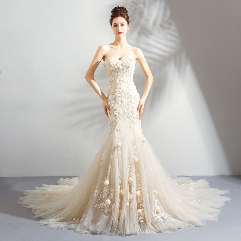 Romantic Light Champagne Mermaid Wedding Dress Sweetheart Lace Flower Fishtail Wedding - KAISERINC