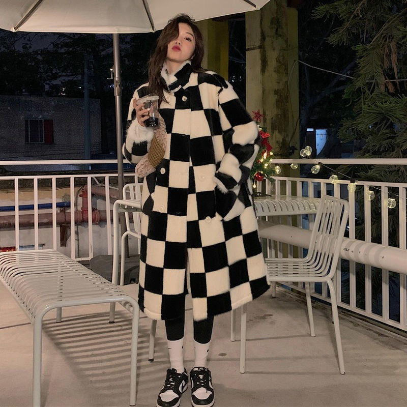 Jackets Women Long Style Plaid Harajuku All-match Double Breasted Design Daily Elegant Feminino Outwear Ins Stand Collar Simple - KAISERINC