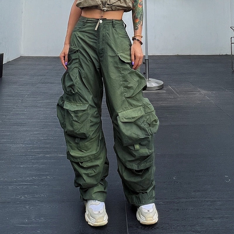 Solid Loose Pants For Women High Waist Patchwork Pockets Casual Streetwear Cargo Pant Female Fashion Clothing - KAISERINC