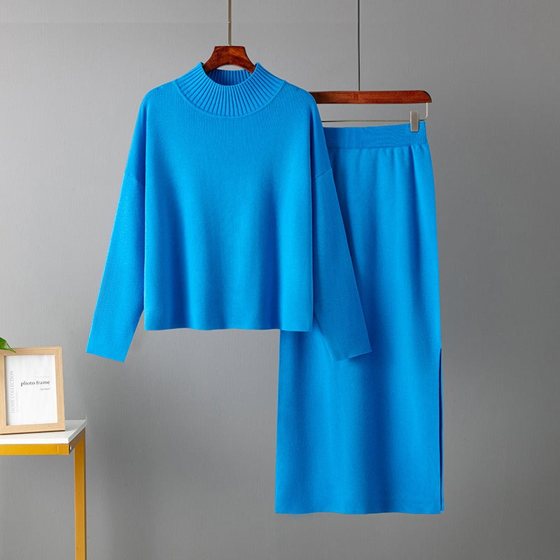 2 Pieces Knit Sets Women Maxi Skirt Tracksuits Winter Warm Turtleneck Sweater + Long Midi Straight Skirt Two Pieces Sets - KAISERINC