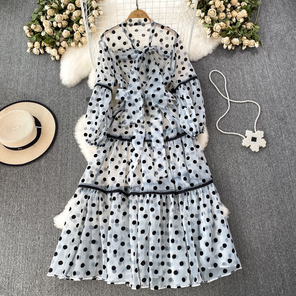 Polka Dot Two Piece Sets For Women Pullover Vest Bow Collar Lantern Sleeve Tunic Dress Casual Set Female Clothing - KAISERINC