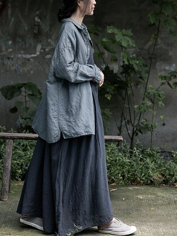 Travel literary soft loose slimming robe cotton and linen draped raw edge dress - KAISERINC