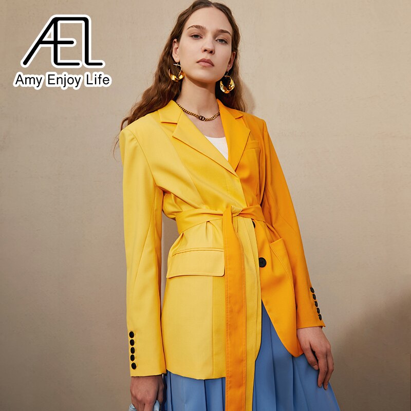 AEL Yellow Blazer Jacket Causal Women Long-Sleeve Loose Coat Color Blocking Fashion Streetwear - KAISERINC