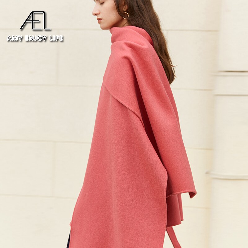100% Wool Woolen Coat With Belt Spring Autumn Jacket For Women Solid With Scarf Warm Fashion Streetwear - KAISERINC