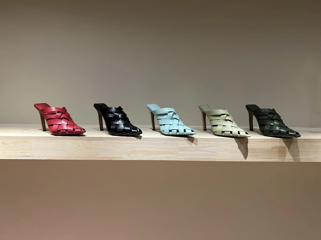 Multicolour Braid Thin High Heel Slippers Woman Woven Leather Slippers Summer Ethnic Mules Shoes Fashion