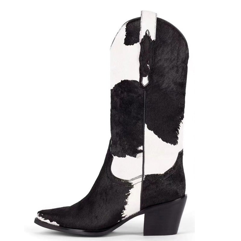 Knee-Length Elastic Rider Boots Round Heel Square Toe Western Boots Plus Size Knee-High Women's Boots - KAISERINC