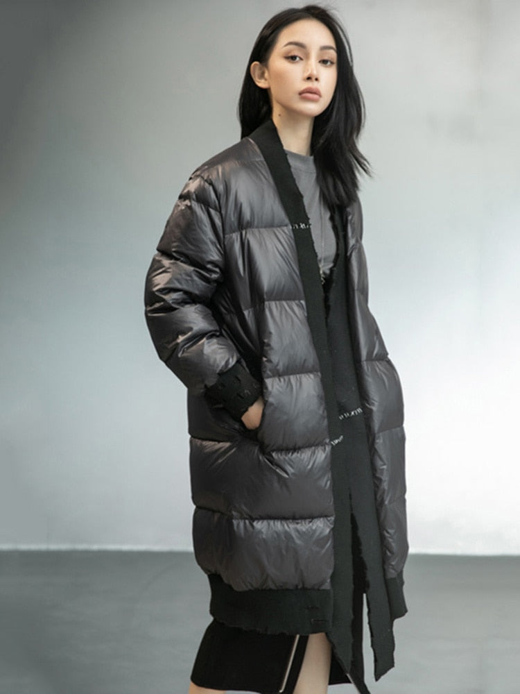 Loose Fit Black Spliced Down Jacket New V-neck Long Sleeve Warm Women Parkas Fashion for Autumn Winter - KAISERINC