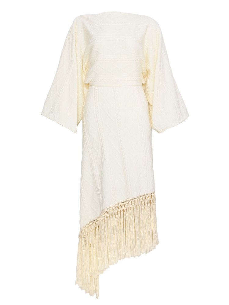 Vintage Versatile Tassel Knitted Dress Women's Spring and Autumn New Style Sweater Long Dress - KAISERINC