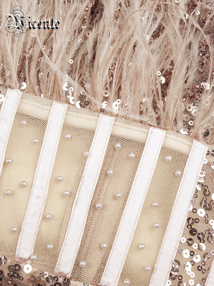 New Apricot Pink Tube Top Mesh Sequin Long Skirt Evening Dress Goddess Toast Party Dress - KAISERINC