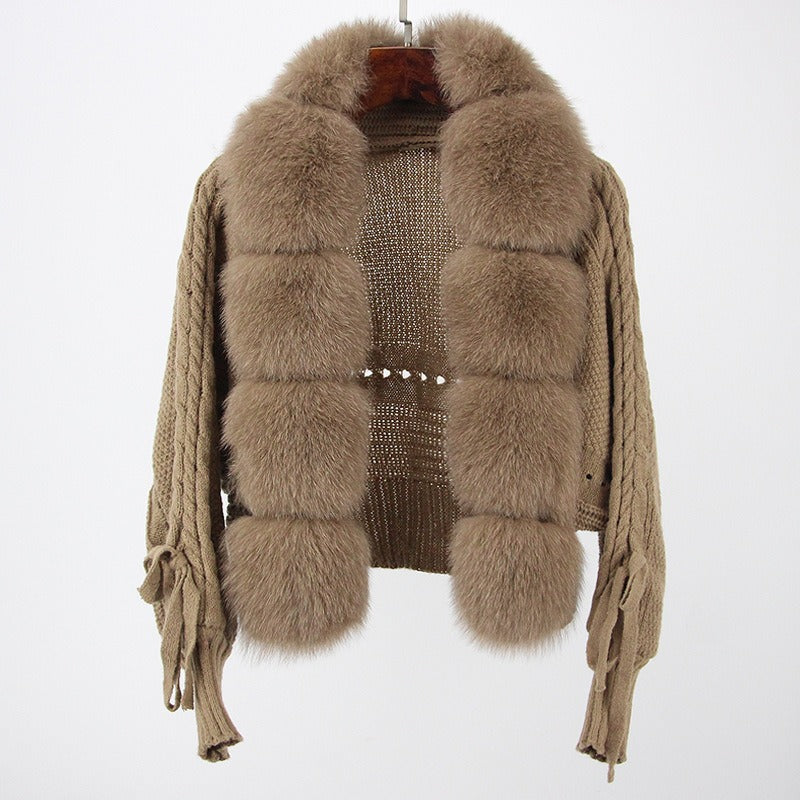 New Fashion Short Warm Loose Knitted Jacket with Natural Fur Placket Coat - KAISERINC