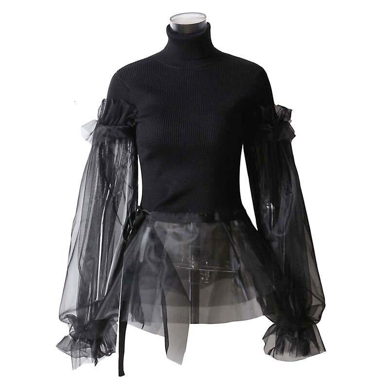 Knitted Sweaters For Women Turtleneck Lantern Long Sleeve High Waist Patchwork Mesh Black Pullovers Female Clothes - KAISERINC