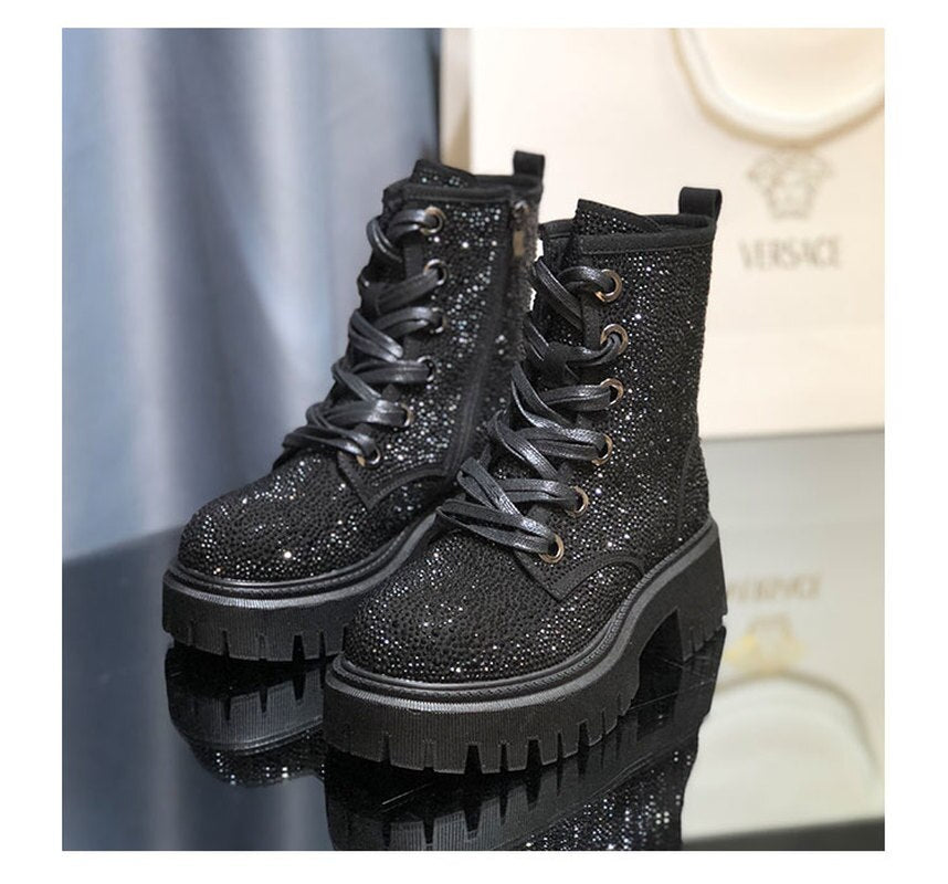 New Autumn and Winter Boots Leather Full Rhinestone Round Toe Thick Bottom Thick Heel Increased Side Zipper Lace-up Martin Boots - KAISERINC
