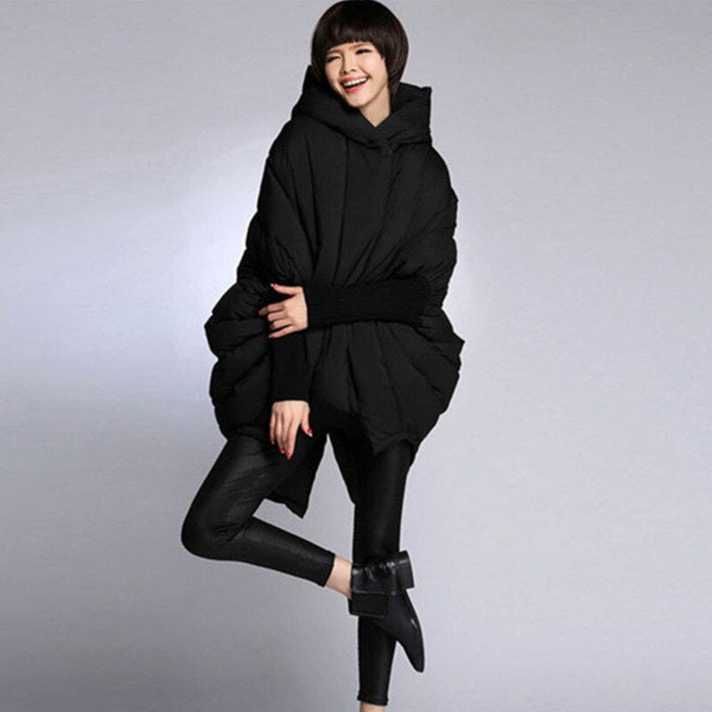 Down Jacket Women's New Mid Length White Duck Down Loose Pocket Hooded Cloak Jacket