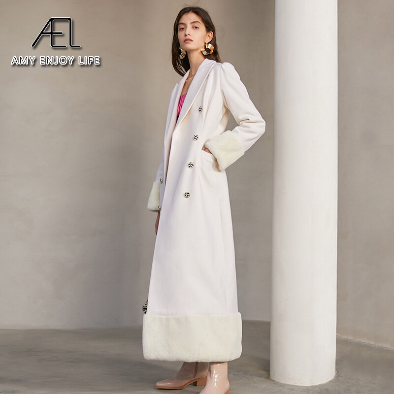 AEL Woolen Coat women Winter Lapel Collar Double-Breasted Warm Overcoat Snow White Slim Long Blazer - KAISERINC