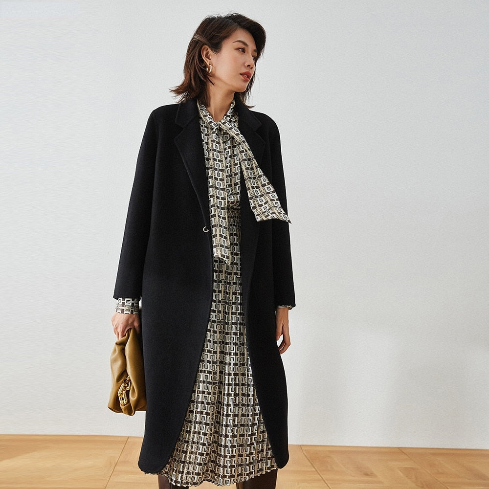Autumn And Winter Straight Lapel Simple Belt Chain Long Reversible Wool Coat Wool Coat - KAISERINC