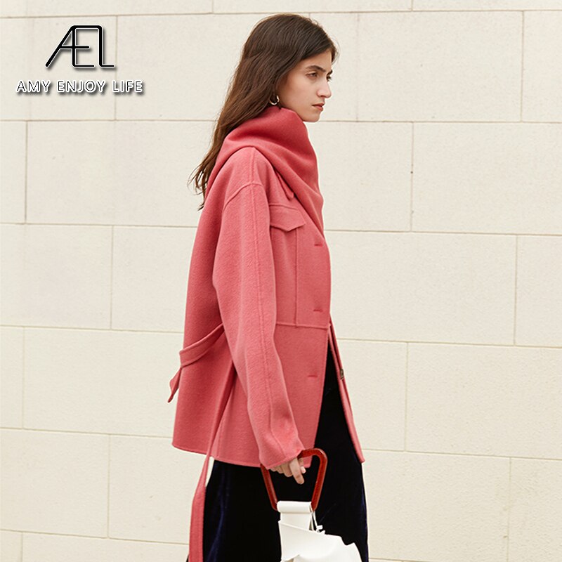 100% Wool Woolen Coat With Belt Spring Autumn Jacket For Women Solid With Scarf Warm Fashion Streetwear - KAISERINC