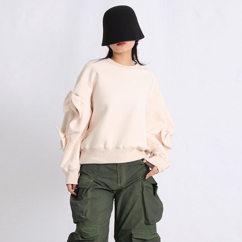 Patchwork Bow Sweatshirts For Women Round Neck Long Sleeve Loose Casual Pullover Solid Sweatshirt Female Fashion - KAISERINC