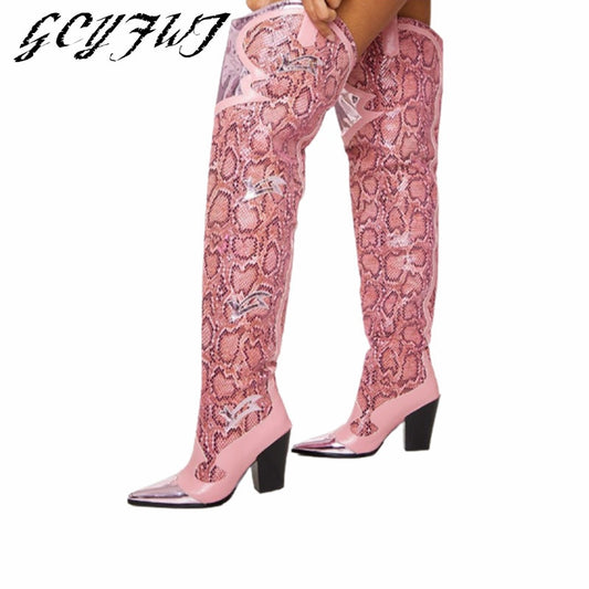 Women's Over-the-knee Boots Winter Pointed Toe Crude Heel Slip-on Botas Mujer Fashion Pink Snake Skin Hand-made Sexy Shoes - KAISERINC
