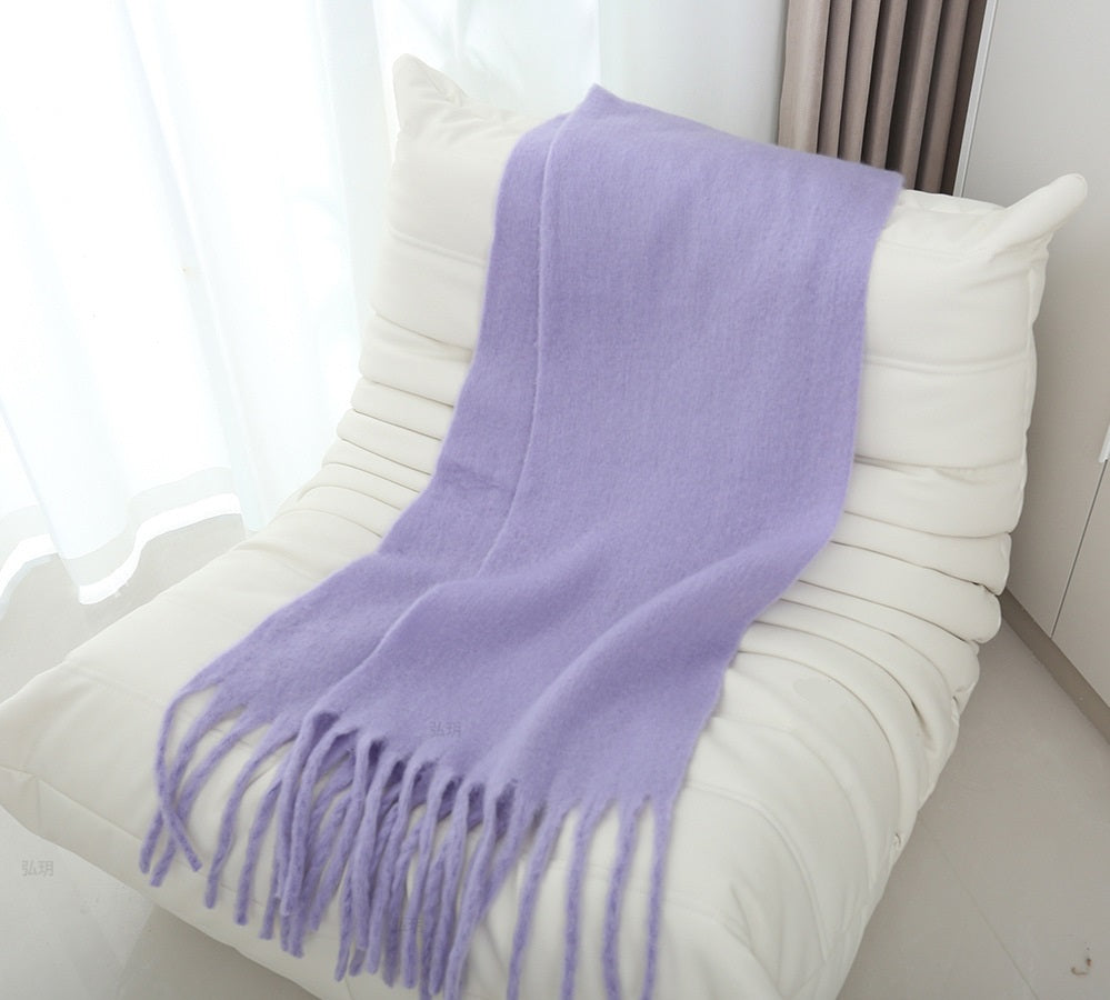 Mohair solid color scarf for women winter warm scarf macaron color thick braid tassel shawl - KAISERINC