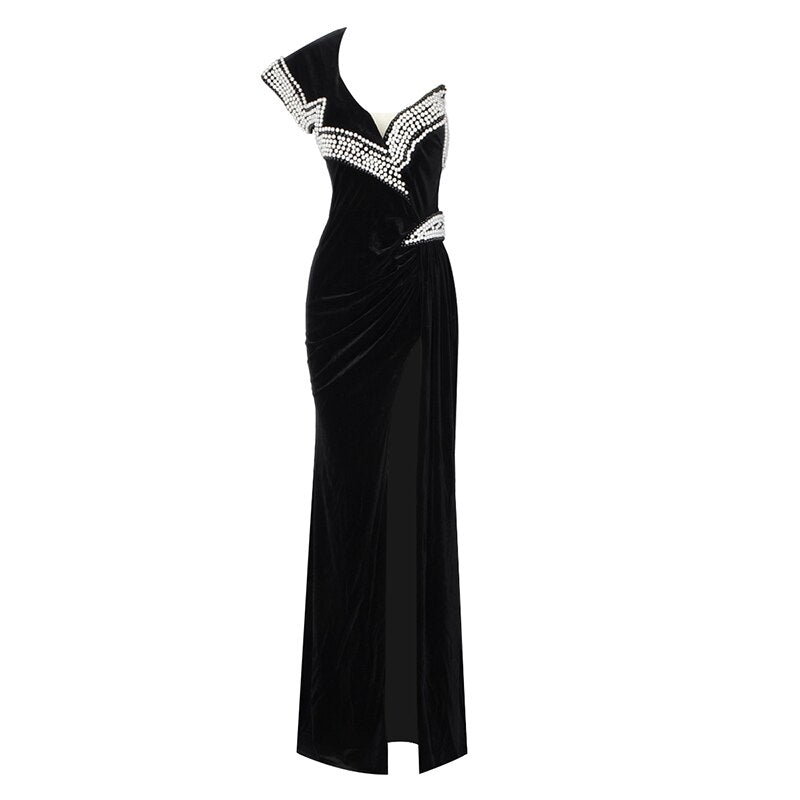 New One-Shoulder Beaded Fashion Beautiful Pleated Folds Slim Long Slit Bandage Dress - KAISERINC