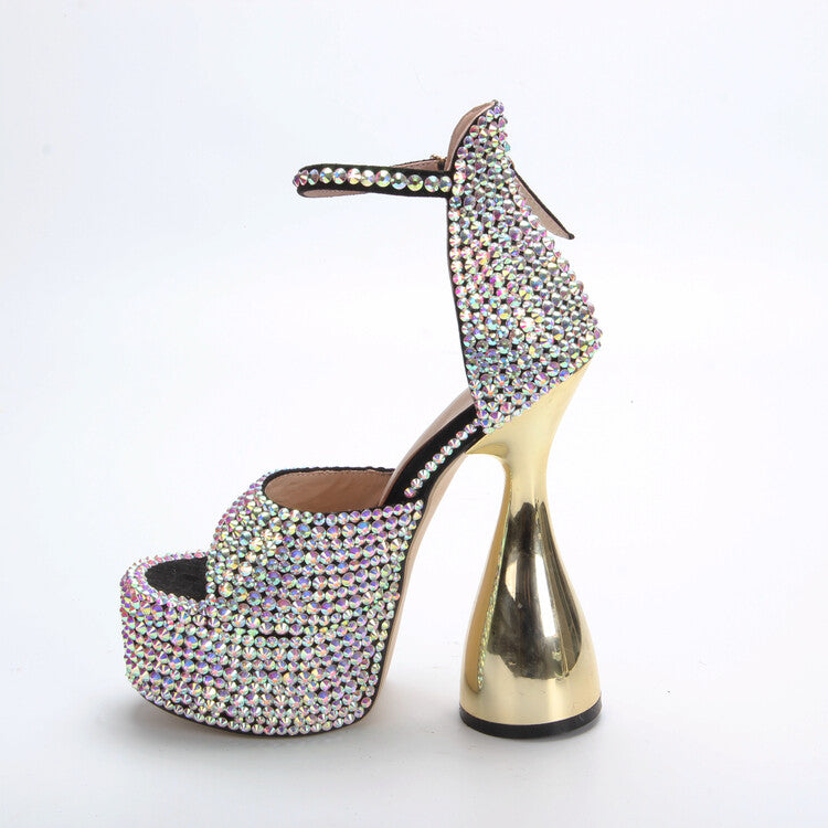 Summer 15cm Super High Heel Full Diamond Open Toe Sandals Banquet Performance Thick Heel Waterproof Platform Rhinestone Women's Shoes - KAISERINC