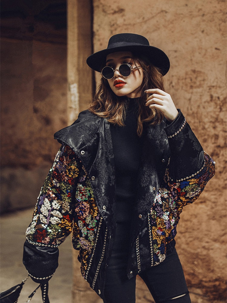 Heavy Industry Sequins Down Jacket Women's Winter Loose Warm White Duck Down Short Coat - KAISERINC