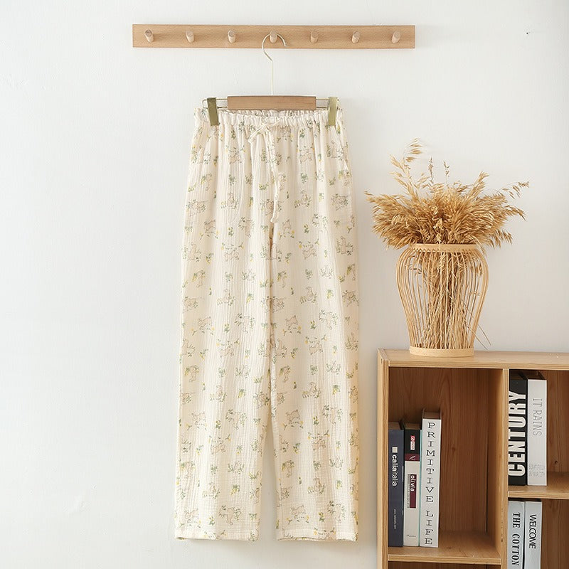 Women's Pajama Pants Summer Thin Trousers Casual Loose Home Sleep Bottoms Cotton Gauze Lounge Wear Elastic Waist Sleepwear - KAISERINC