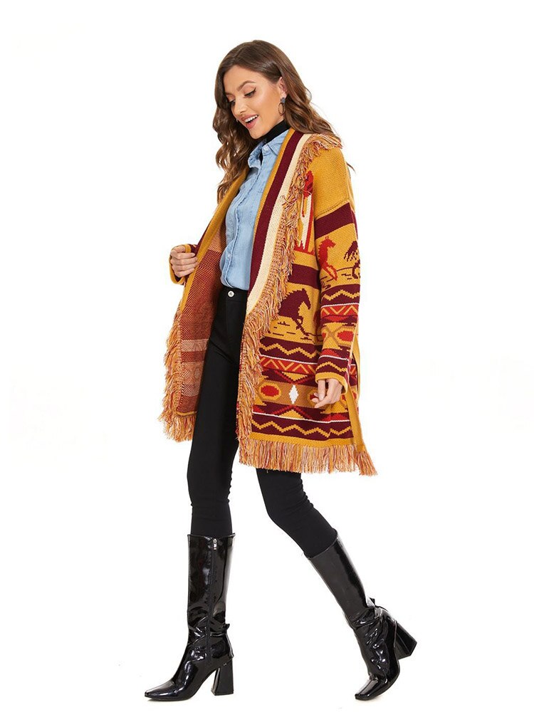 WQJGR Autumn Winter Cardigan Sweater Women Wool Kniited Tassel Geometric patterns Loose Full Sleeve High Quality Jacket Female