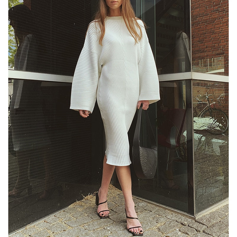 Europe and America Street Shooting Concave convex Stripe Knitted Dress Long Sleeve Loose Fashion Dress - KAISERINC