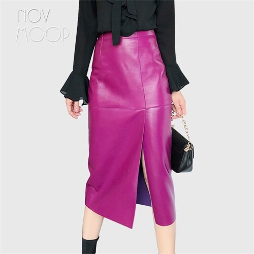 Real Leather Leather Skirt Spring New Sheepskin Fanny Pack Hip Skirt Slit Over The Knee Skirt For Women - KAISERINC