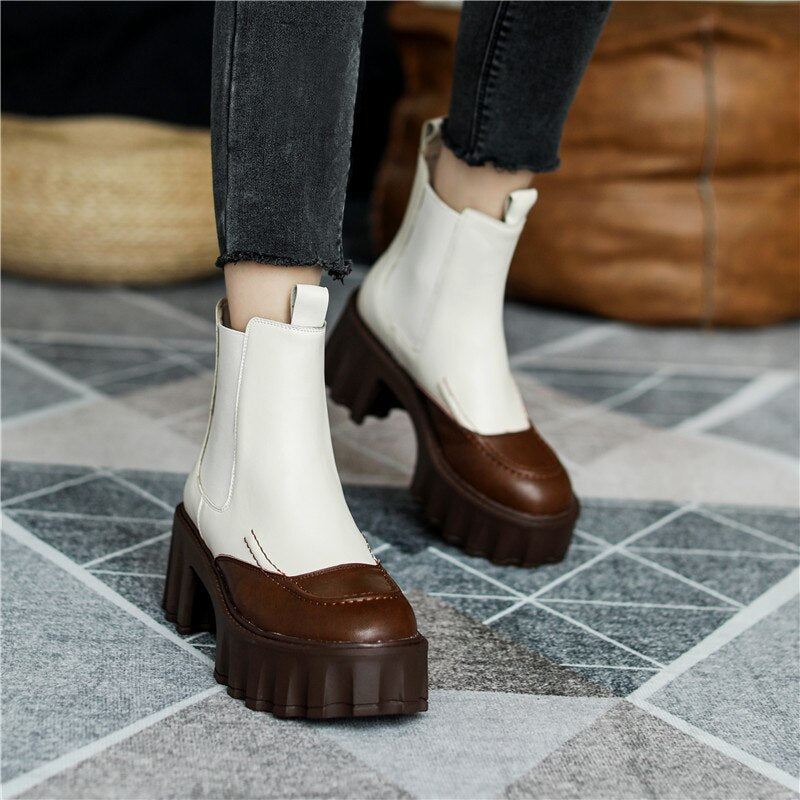 Women Thick Heels Ankle Boots Fashion Mixed Colors Genuine Leather Platforms Shoes Autumn Winter Working Casual - KAISERINC