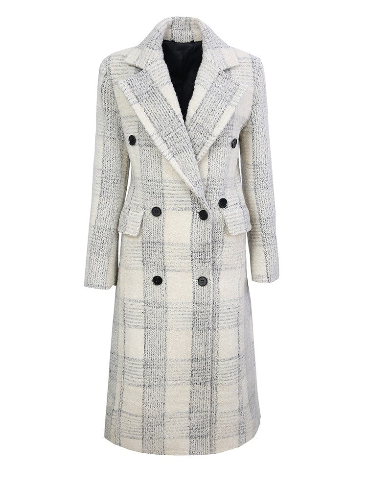 Loose Fit White Plaid Elegant Long Woolen Coat Parkas New Long Sleeve Women Fashion Trend Autumn Winter - KAISERINC
